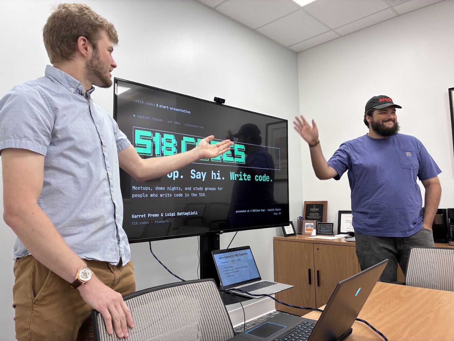 Luigi and Garret presenting 518 Codes at 1MC. Frank is there in spirit